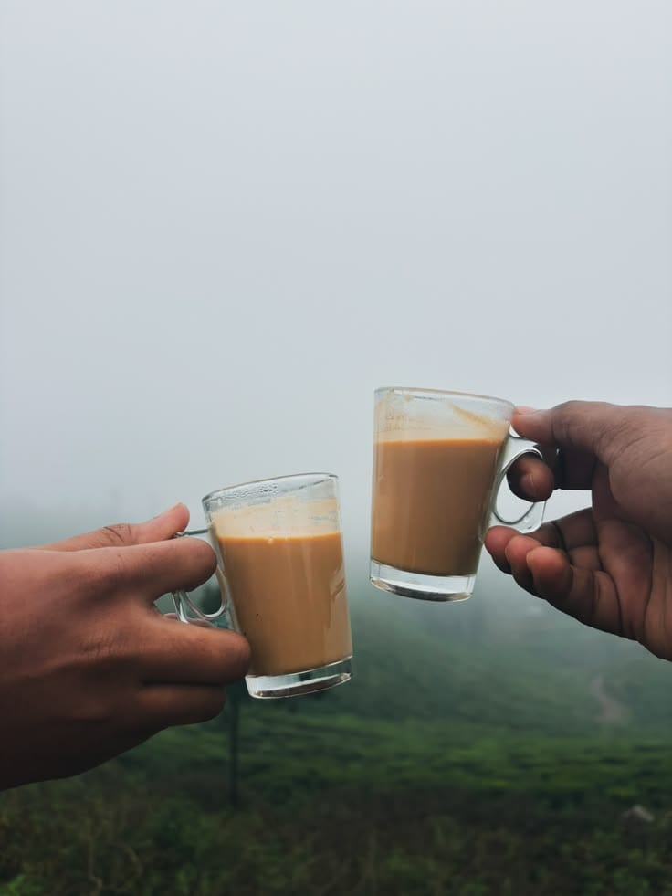 A cup of tea held against the backdrop of vast tea plantations